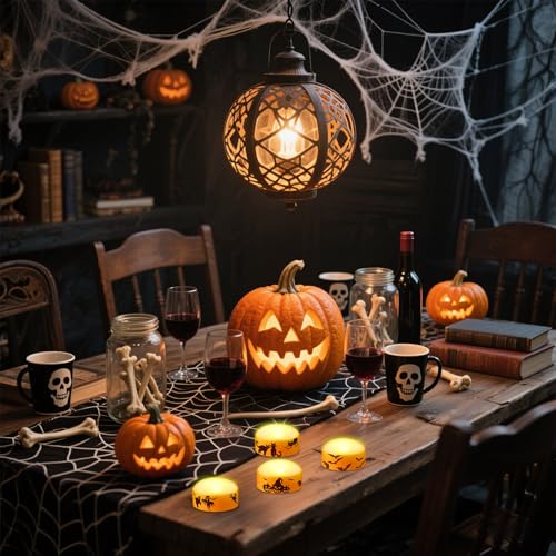 Image of 4 Pack Halloween LED Pumpkin Lights with Remote Control and Timer, Battery Operated Flameless Flickering Jack-o'-Lantern, Outdoor Electric Orange Candle Light for Halloween Pumpkins Decorations