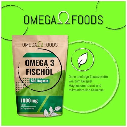 Omega 3 Fischöl Kapseln – 500 Kapseln Hochdosiert – 1000mg Fischöl und 350mg Omega3 Fettsäuren Pro Kapsel im 500er Sparpaket