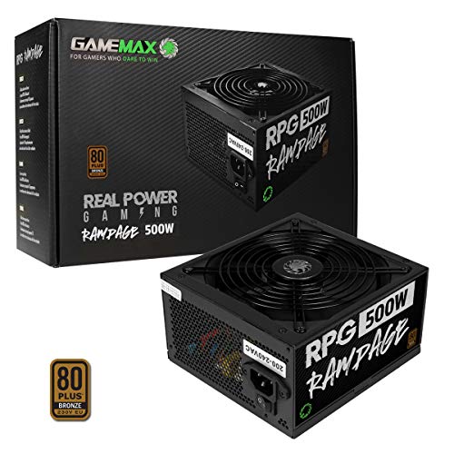 GameMax 500 W Rampage Fuente de alimentación (sin cable de alimentación incluido), no modular, APFC, condensador principal japonés Tk, 80 Plus Bronce, 88% de eficiencia
