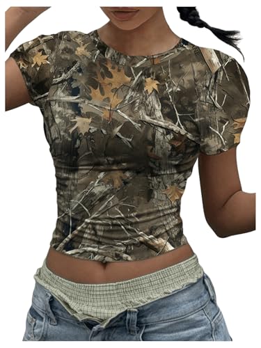 Women's Y2k Camo Maple Leaf Print Crop T Shirts Crew Neck Short Sleeve Slim Fit Tops Grunge Going Out