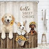 Riyidecor Funny Dog Shower Curtain for Bathroom Decor 60Wx72H Cute Kids Farmhouse Sunflower Western Rustic Retro Animal Vintage Floral Art Printed Fabric Polyester Waterproof 12 Pack Plastic Hooks