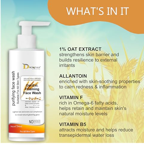 Image of Drontika Wild & Pure Oat & Niacinamide Face Wash - Hydrating Cleanser with Seabuckthorn & Willow Bark | For Smooth, Even Skin - 200ml