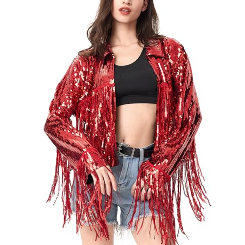 MISI CHAO Sequin Fringe Jacket Silver Shiny Disco Cowgirl Outfit Theme Y2K 90s Streetwear Jacket Glitter Tassel Coat (L)