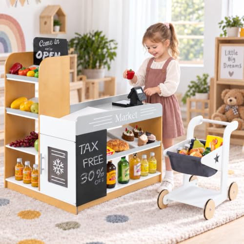 Costzon Kids Grocery Store Playset, Wooden Play Store w/Shopping Cart, Chalkboards, Refrigerator & Display Shelves, Grocery Store Pretend Play for Boys Girls 3+ Years Old - Image 2