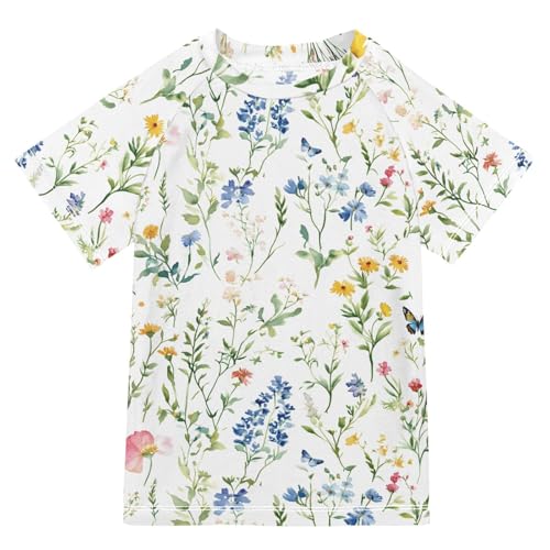 ALAZA Kids Rash Guard Boys Toddler Swim Shirts Short Sleeve Green Flower Grass UPF 50+ 3T
