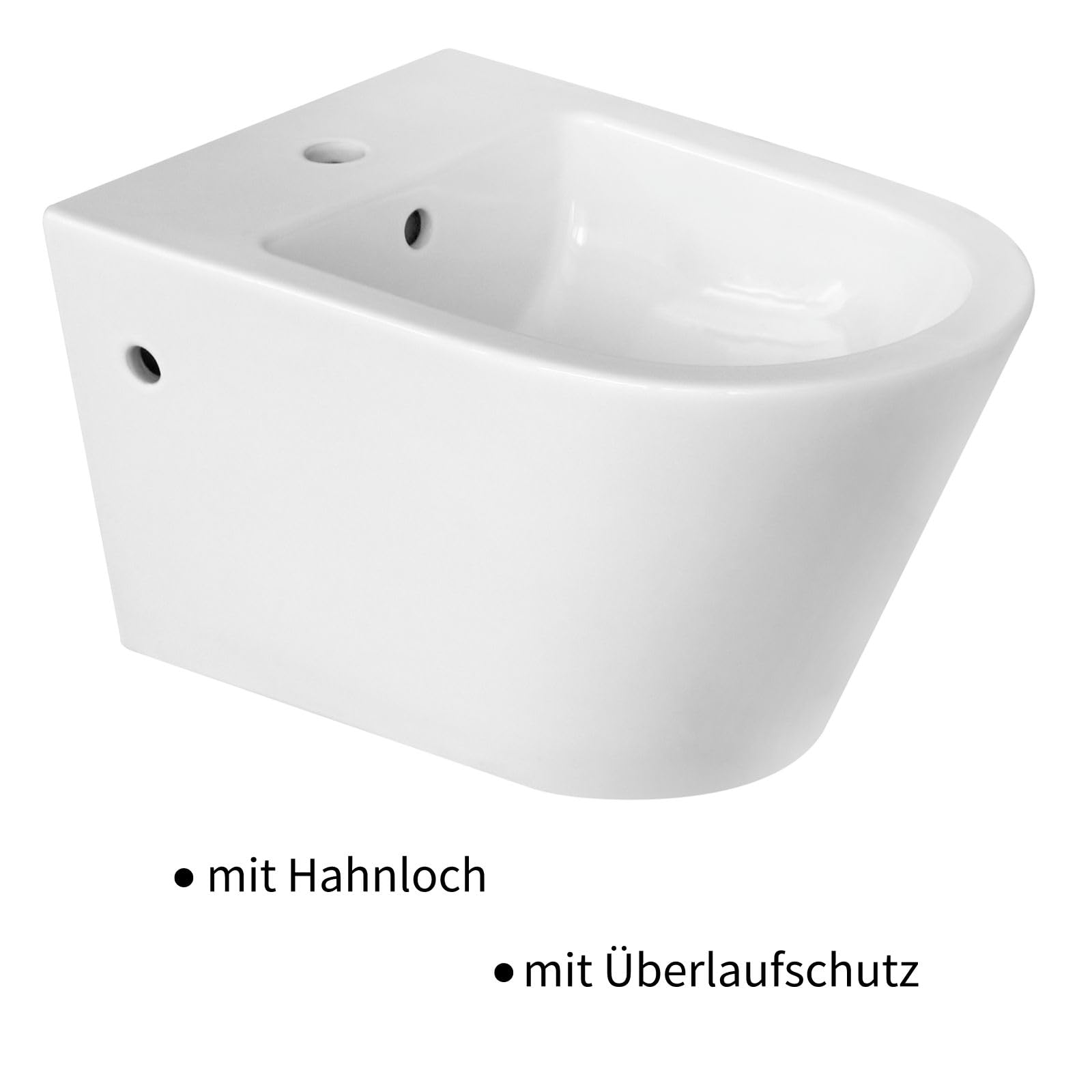 Bidé colgante con orificio para grifo y protección contra desbordamiento – Bidé de pared de cerámica – Ducha higiénica para limpieza íntima – con kit de fijación para montaje – 52,5 × 36,5 × 30 cm