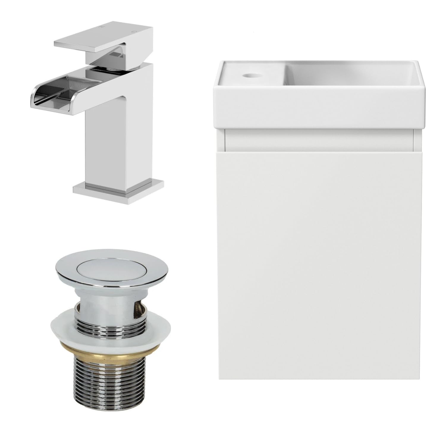 Artis® 400mm Bathroom Vanity Unit Ceramic Wash Sink Wall Hung Storage Cabinet Reversible Soft Close Cupboard & Chrome Waterfall Basin Mixer Tap & Waste Set, White Gloss