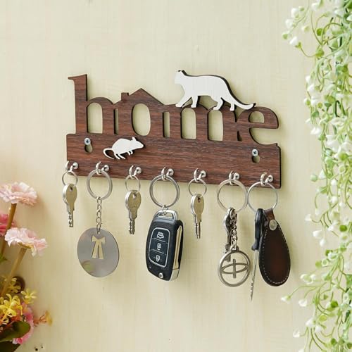 Image of Webelkart Premium Home Keys Wooden Key Holder (29 cm x 13.5 cm x 0.4 cm, Wood) 7 Hook - Decorative Items for Home Decor (Wood Color)