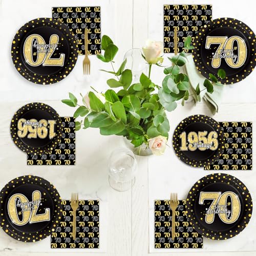 Image of 200PCS 70th Theme Birthday Party Tableware Vintage 1956 Party Supplies 70 year old Birthday Party Decorations Plates Napkins Forks Black and Gold Dinnerware Favors for Men or Women