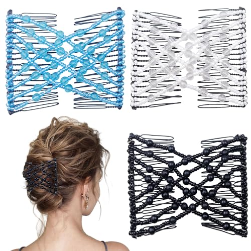 3 Pieces Elastic Magic Hair Comb Stretchy Double Comb Hair Forks Clips for Women Beaded Hairpins Girls Vintage Hairstyle Multipurpose Hair Accessories (Black Blue White)
