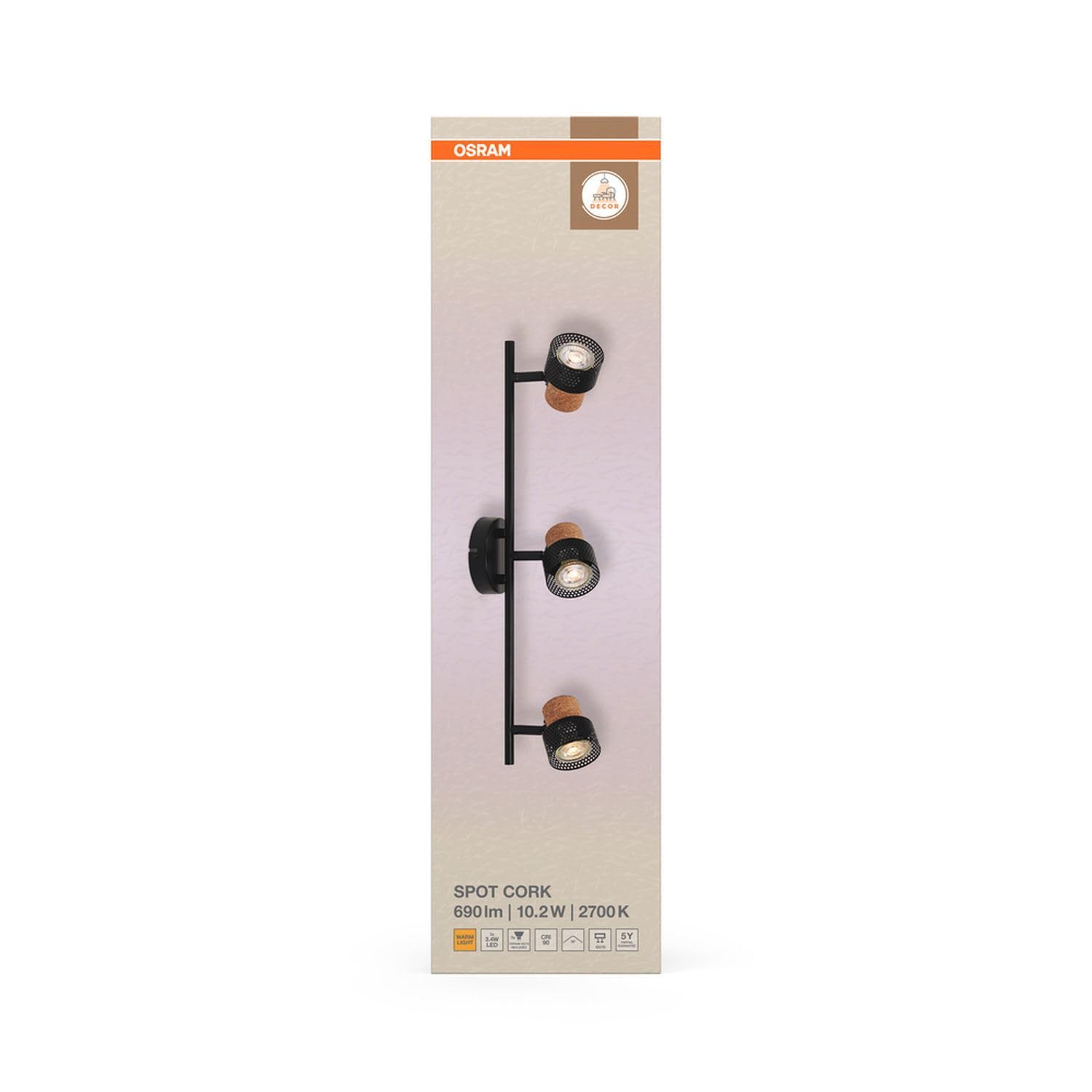Osram DECOR SPOT CORK 3 x 3,4 W, 690 lm, negro, focos ajustables, cabezales ajustables, multiusos, foco interior, bombillas LED intercambiables, intensidad regulable, luz blanca cálida, GU10
