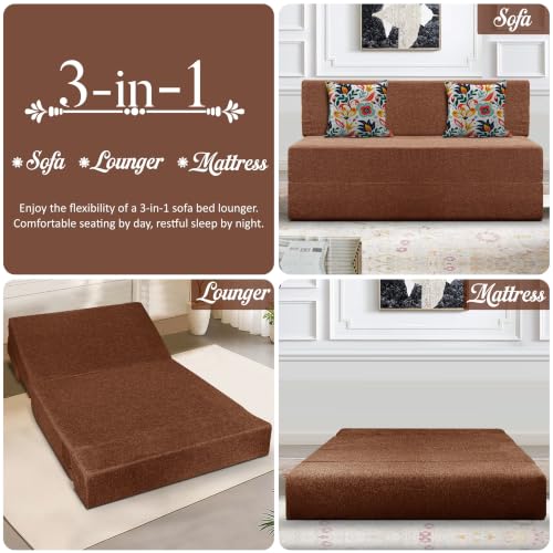 Image of Los Angeles Foldable Two Seater Sofa Cum Bed, Sofa Bed 4 X 6 Feet Jute Fabric Washable Cover- Including Cushion Perfect for Living Room - Brown