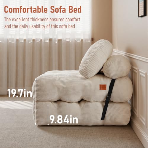 Image of Folding Sofa Bed, Convertible Sleeper Chair with Back Support and Pillow | Boneless Foldable Couch for Living Room /Guest Use /Home Office, Foldable Chair Bed for Adults, Beige