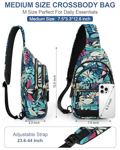 Image of Capolo Sling Bag for Women Men Waterproof Crossbody Bags for Women Trendy Casual Fanny Pack with Convertible Shoulder Strap Chest Bag for Travel Hiking(Blue Leaves, Medium)