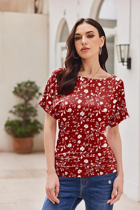 Womens Ruched Tops Casual T Shirts Dolman Short Sleeve Shirts Boat Neck Summer Off Shoulder Batwing Tops 2026 - Image 2