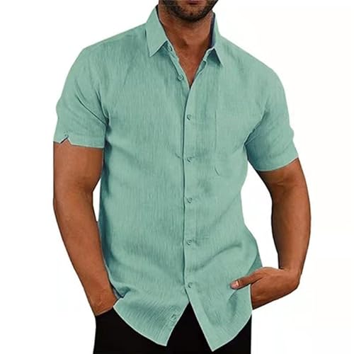 DELCARINO Men's Short Sleeve Button Up Linen Shirts Summer Casual Pocket Beach Shirts Green Large
