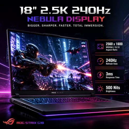 Image of ASUS ROG Strix G18 Gaming Laptop, GeForce RTX 5060, Intel Core Ultra 9 275HX (36MB Cache, 24 Threads), 2.5K 240Hz /3ms Nebula Display, 32 GB DDR5, 1 TB SSD, Wi-Fi 7, TB4, Windows 11 Pro, W /Accessories