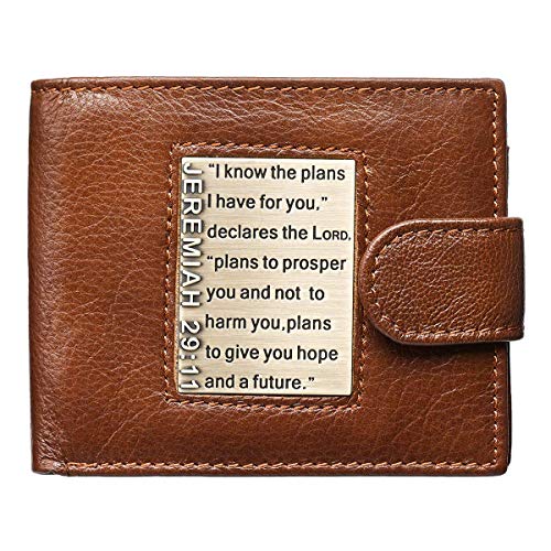 Christian Art Gifts Genuine Leather Wallet for Men | Plans For You with Brass Inlay  Jeremiah 29:11 Bible Verse | Quality Classic Leather Brown Bifold Wallet | Christian Gifts for Men