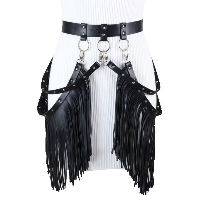 XGOPTS Women Leather Tassel Fringe Belt Gothic Tassel Waist Belt Western Punk Skirt Belts Body Cage Harness Cinch Belt, Black4