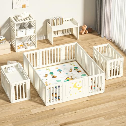 Image of Playpen for Babies upto 5 year Baby Play Area Indoor Setup Foldable Play Yard Fence for Toddlers Kids Playarea Setup Outdoor Children Play Area with Gate, Balls, Basketball Stand, mat, drawing board sketch (Beige, 14 Panel)