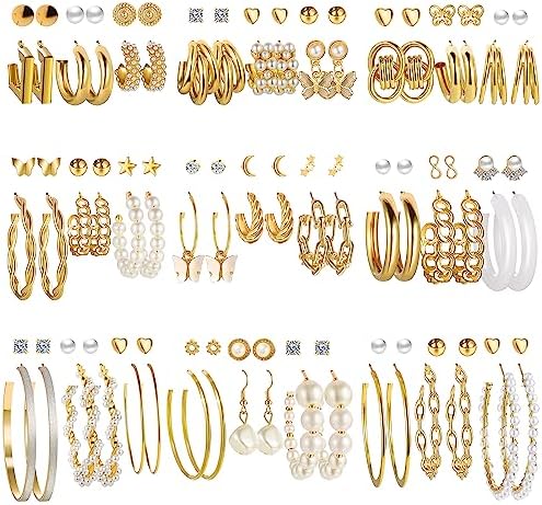 54 Pairs Gold hoop earrings Set for Women Multipack, Boho Fashion Statement Stud Pack with Pearl Butterfly Shaped Assorted Small Big Jewelry for Gift