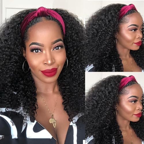 Image of Headband Wig Human Hair Kinky Curly Headband Wigs for Black Women Curly Headband Wig Human Hair Glueless Wear and Go None Lace Front Wig Brazilian Virgin Hair Natural Color 18Inch