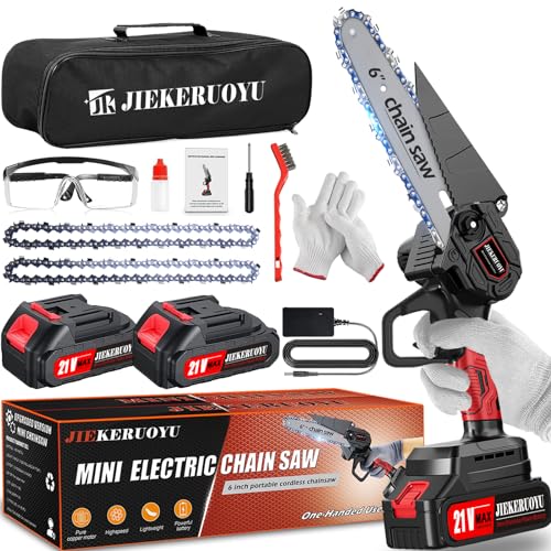 Mini Chainsaw 6 Inch Battery Powered - 21V Small Handheld Electric Chain Saw Cordless with 2 Rechargeable Batteries & 2 Chain, Portable Super Power Chain Saws for Tree Branches Trimming Wood Cutting