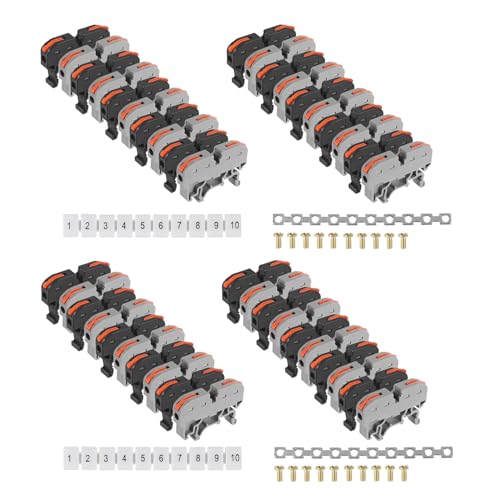20PCS DIN Rail Terminal Blocks Kit Universal Wire Wiring Connector DIY Splicing Wire Connectors + 2PCS End Block, 2PCS Connection Bar, 20PCS Screws for 24-12 AWG (Grey+Black)