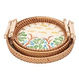 NOENNULL Bandeja de Servicio Redonda de 3 Pcs, Canasta de Servicio de Ratán Decorativo de Ratán de Bandeja Redonda de Ratán con Mangos para Sala de Estar (Tipo 3)