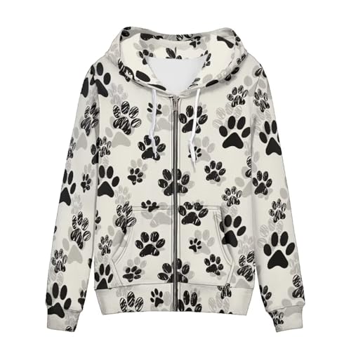 TOFRIMADE Kapuzenpullover mit Reißverschluss für Damen, Übergröße, lässiger Pullover, Cardigan, Kordelzug, Hoodies mit Taschen, Hundepfotenabdruck, M