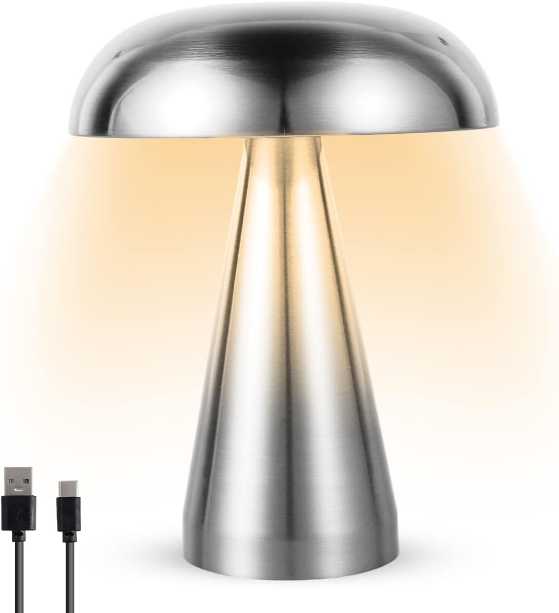 Mushroom Table Lamp Portable Cordless LED Desk Light USB Rechargeable Desk Lamp Touch Control Night Light with 3 Color Dimming Decorative Bedside Lamp for Bedroom Living Room Home Decor(silver)