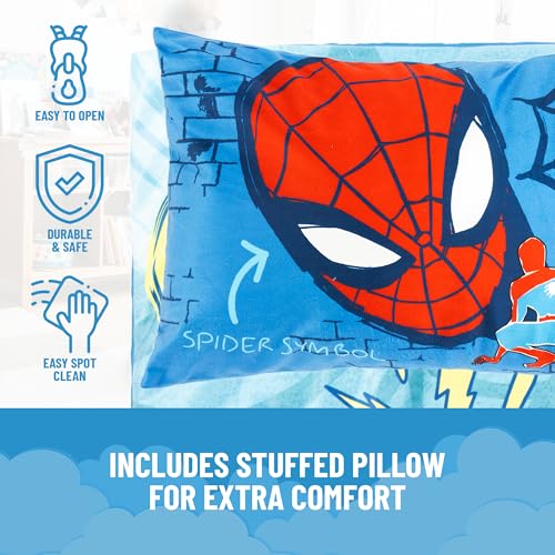 Image of Jay Franco Kids Slumber Bag and Pillow - 54 x 27 Inch Comfy Indoor Sleeping Bag for School and Sleepovers, 2 Piece Set, Blue - Spiderman