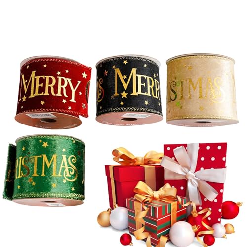 Dfyiq クリスマスラッピングリボン、クリスマスクラフトリボン | ビスタプリントベルベットのクリスマス生地リボン 4 個セット,装飾的なホリデーデコレーションリボン、リースを包むためのプリントクリスマスファブリックリボン275cm