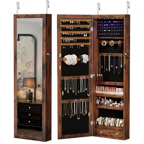 DUMOS Jewelry Armoire Cabinet with Full Length Mirror 47.2 Wall Mounted or Over the Door Jewelry Organizer with 33 Necklace Hooks Lockable Large Capacity with Drawers Rustic Brown