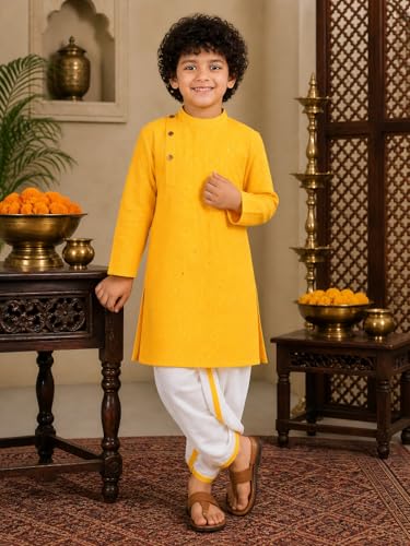 Image of superminis Boy's Cotton Kurta with Dhoti - Golden Thread Work, Solid Round Collar, Full Sleeves, Side Button Kurta Set for Ethnic Wear