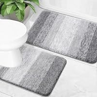 Kighdel 2 Piece Non-Slip Bath Mat Set Soft Plush Shower Mat & Toilet Pedestal CarpetExtra Soft Absorbent Microfiber Non-Slip Washable Rugs for Shower Floor Bathmat Bathroom Accessories Decor, Grey