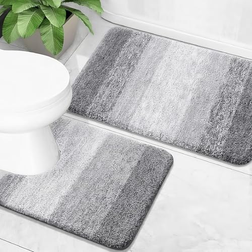 Kighdel 2 Piece Non-Slip Bath Mat Set Soft Plush Shower Mat & Toilet Pedestal CarpetExtra Soft Absorbent Microfiber Non-Slip Washable Rugs for Shower Floor Bathmat Bathroom Accessories Decor, Grey