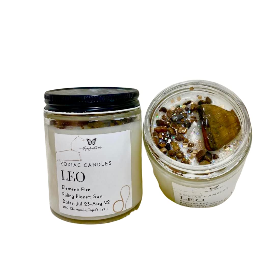 6 Oz Leo Crystal Candle - Aromatherapy Stress Relief - Astrology Vegan Gemstone Soy Candle