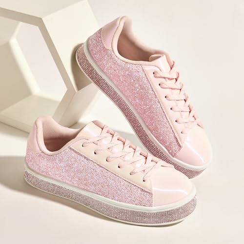 Image of UUBARIS Women's Glitter Tennis Sneakers Neon Dressy Sparkly Sneakers Rhinestone Bling Wedding Bridal Shoes Shiny Sequin Shoes