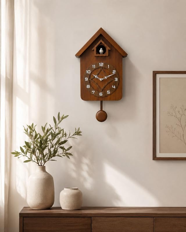 Image of CHRONIKLE Modern Stylish Non Ticking Silent Analog Hut Shape Wooden Cuckoo Wall Clock for Home, Living Room, Bedroom and Kitchen Brown (18 x 10 Inch : Weight - 2350 Grm)