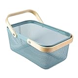 MACOIOR Portable Garden Harvest Basket-Mesh Design Natural Bamboo Handle Wire Storage Baskets,Mesh Basket with Handle Organize Items Reduce Space Occupation,Suitable for Kitchen,Garden,Picnic(Blue)