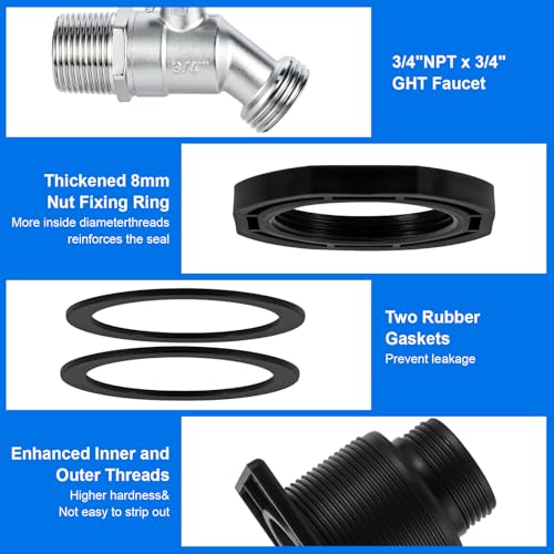 Image of Stock Tank Drain Plug Kit for rubbermaid Stock Tank Drain Plug（for rubbermaid Commercial50 70 100 150 300 Gallon Stock Tanks） with 3 /4 inch NPT x3 /4 inch GHT Stainless Steel Faucet Garden Hose Connector