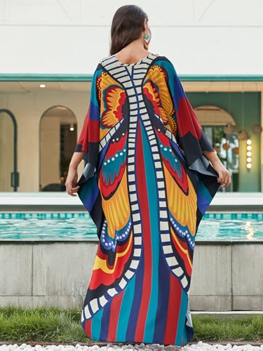 Image of sunforyou Kaftan Dresses for Women Plus Size Lightweight Swimsuit Cover up Batwing Sleeve Print Loungewear Beach Robe