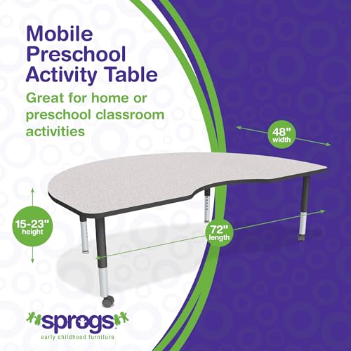 Image of Sprogs Adjustable Height Mobile Classroom Activity Table for Preschools, Kidney Preschool Activity Table with Casters, 48 inch L x 72 inch W x 23 inch H, Gray /Black