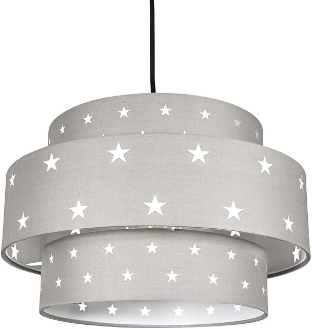 Unique and Modern Triple Tier Soft Grey Cotton Fabric Childrens Pendant Shade with Stars Decoration | 30cm Diameter | 60w Maximum by Happy Homewares