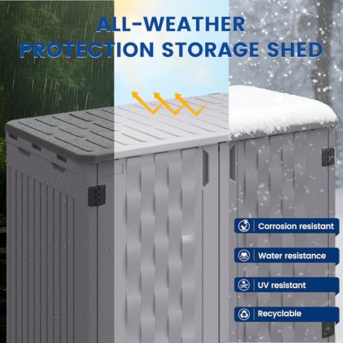 Image of UDPATIO 34 Cu.Ft Resin Storage Shed,Horizontal Outdoor Shed,Grey | HDPE,Easy to Assemble,Lockable,with Floor,Waterproof,Plastic Cabinet,Tool Shed,Small Shed,Generator,Garden,Backyard,Lawn