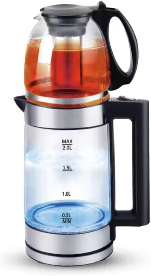 2-in-1 Electric Kettle & Teapot Set - 1500W Fast Boil Glass Kettle (2L) + 1L Tea Pot with Stainless Steel Strainer, Auto Shut-Off & Keep-Warm Function - Perfect for Arabic Tea & Coffee