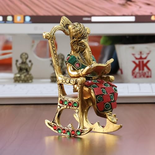 Image of KridayKraft Chair Ganesha ji Reading Book with Stone Work,Ganesha Metal Statue,Ganpati Murti Idol for Pooja & Home,Office Decor Ganesh Idol Religious Showpiece for Decoration & Gifting Article