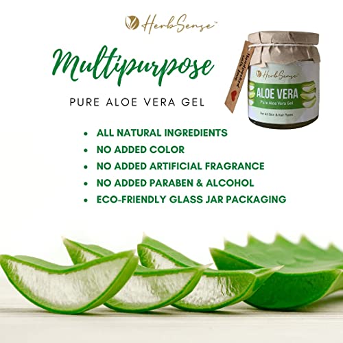 Image of Herbsense Hydrating, moisturizing, and non-sticky gel for skin and hair, packaged in a glass jar, Pure Aloe Vera Gel Combo 180 Gm Pack of 3