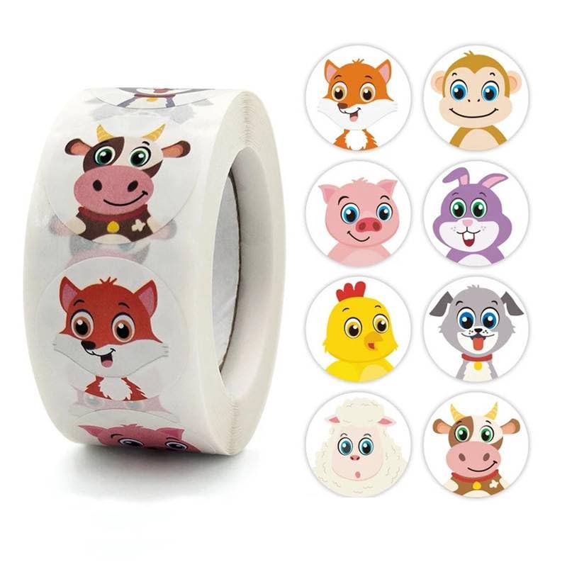 PLAYZOCO Pegatinas animales para niños, stickers decorativos infantiles, calcomanías alegres, adhesivos en rollo, 500 unidades de 2.5 cm con diseños variados y divertidos